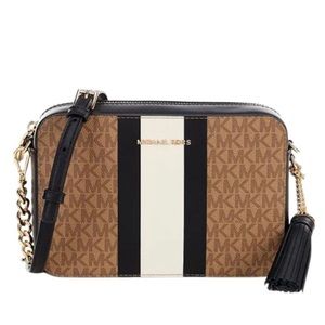 Michael Kors Jet Set Medium Camera Crossbody Bag Husk Black Signature NWT.